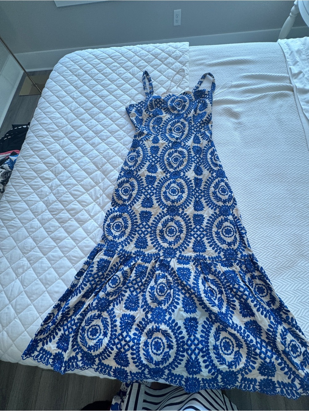 Adelyn Rae White Maxi Dress with Blue Embroidered Medallions